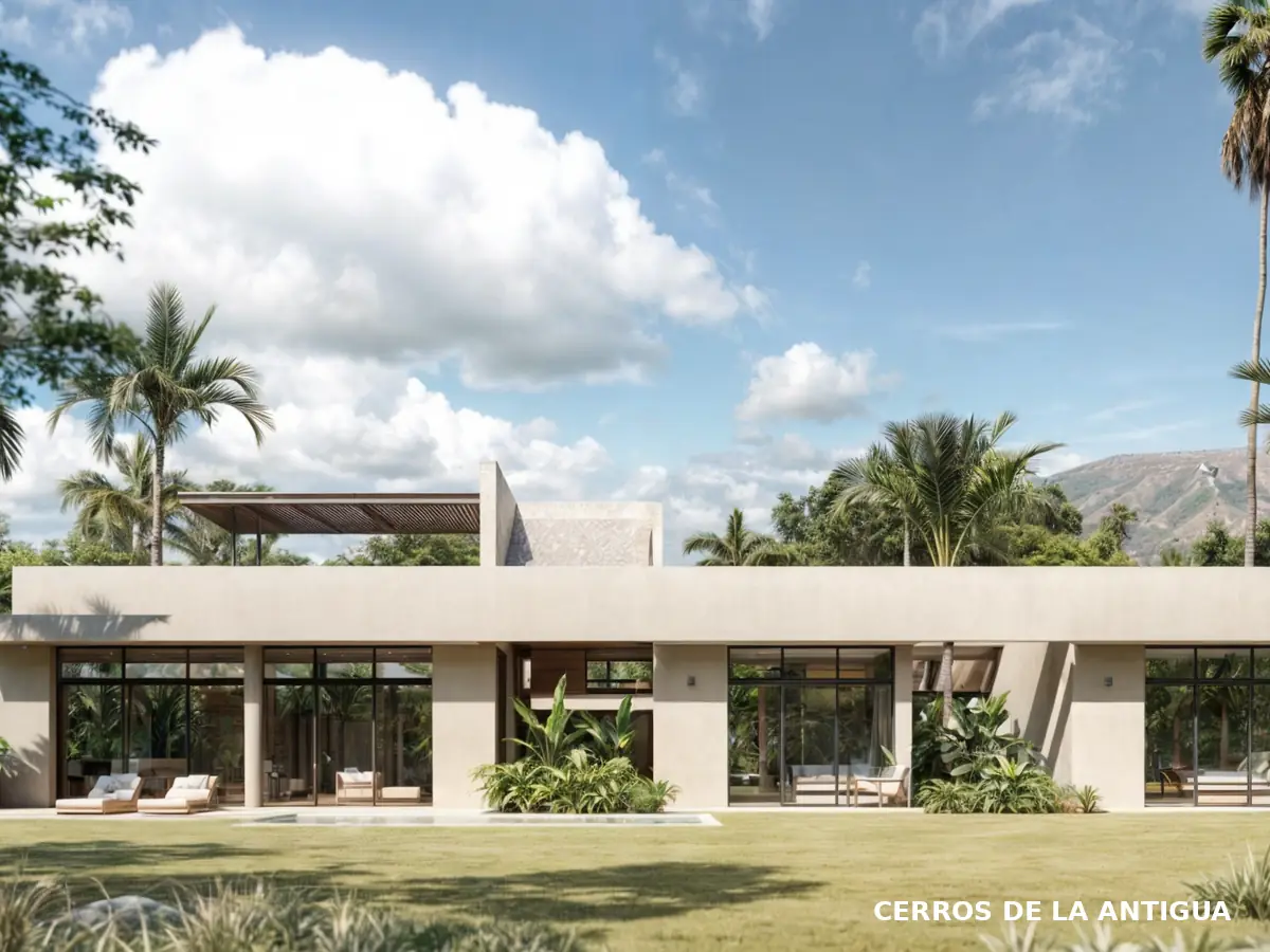 Render de la zona social abierta de la casa tipo con jardín