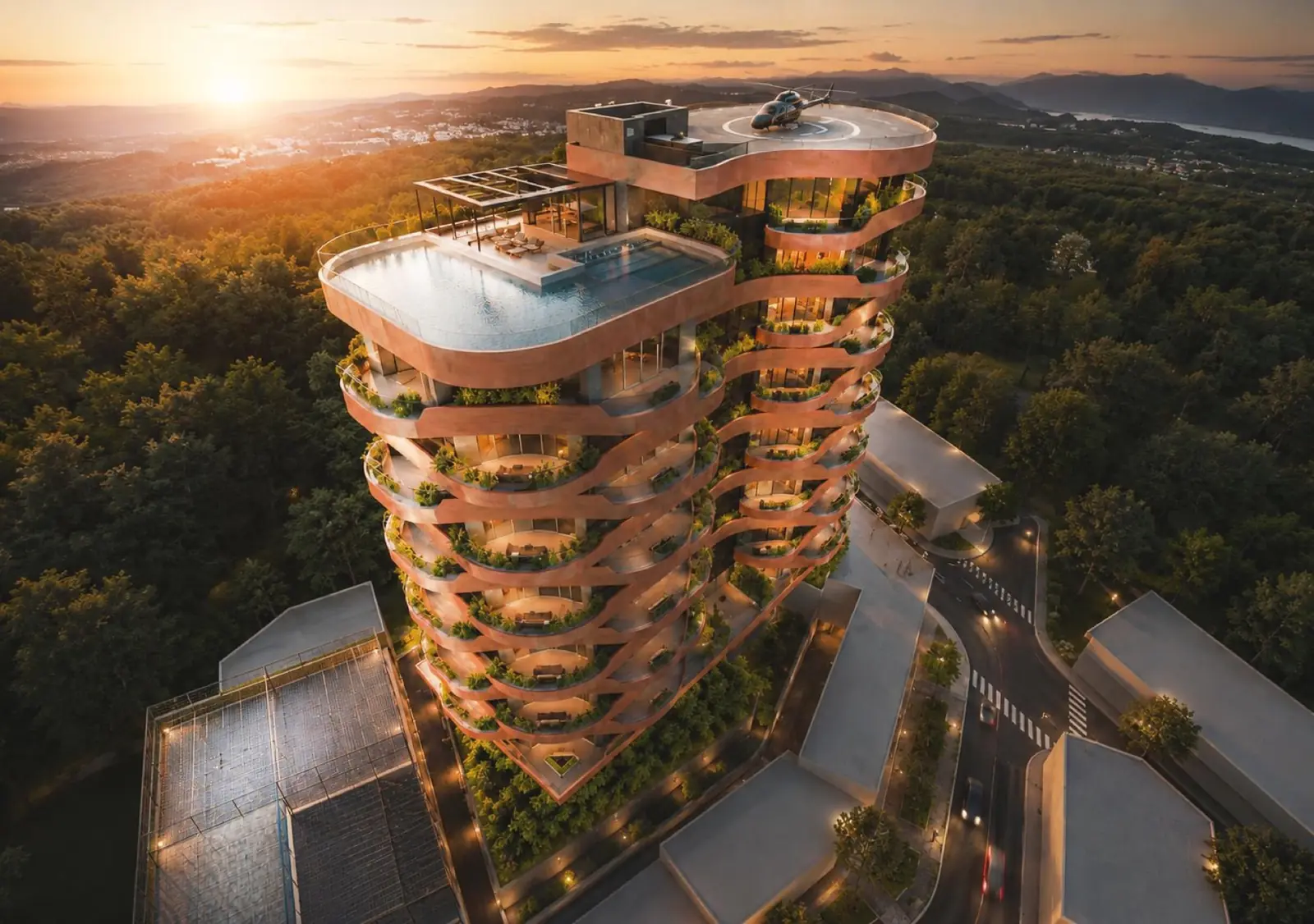Render aéreo de la torre con la piscina de la cubierta y el paisaje de Santa Fe de Antioquia