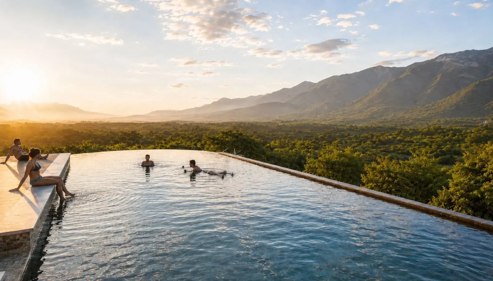 Render de la piscina del piso 14 con vista a las montañas